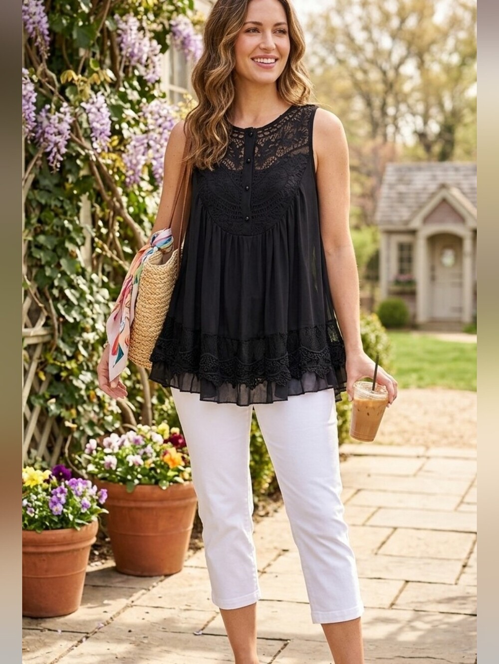 Lacey Boho Embroidered Black Tank Top